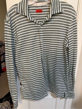 ISAIA Napoli Italy Green White Striped Long Sleeve Cotton Polo Shirt men’s med
